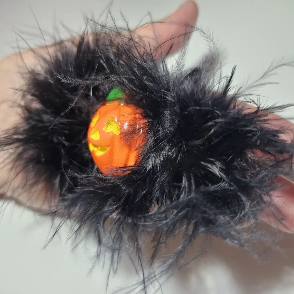 Black Feathery Orange Halloween Pumpkin Barrette Silver Tone